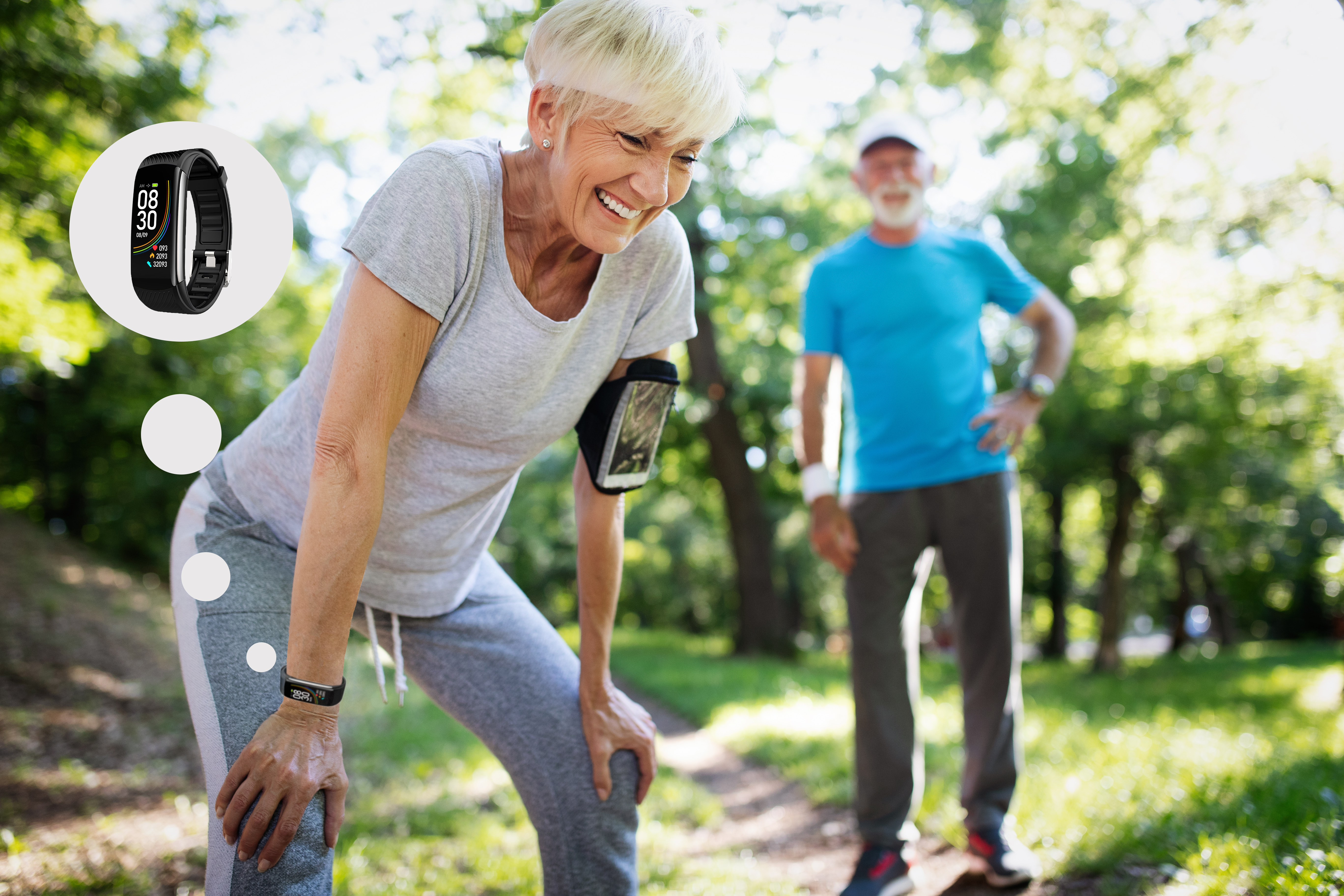 senior couple running outside in forest